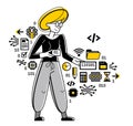 Programmer is coding and repairing some machine system, vector outline illustration, computer engineer doing his job, sysadmin and