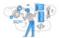 Programmer is coding and repairing some machine system, vector outline illustration, computer engineer doing his job, sysadmin and