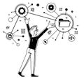 Programmer is coding and repairing some machine system, vector outline illustration, computer engineer doing his job, sysadmin and