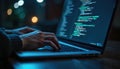 Programmer coding software, working laptop. Developer writes Javascript computer code on virtual screen. Digital technology, Royalty Free Stock Photo