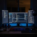 Programmer coding on three monitors in dark room setup Royalty Free Stock Photo
