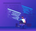 Programmer coding. Young man freelancer working on program code with laptop. Geek coding software vector concept Royalty Free Stock Photo