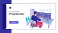 Programmer concept 3d isometric web banner with people scene. Man codes and programs working on computers, creates programs and Royalty Free Stock Photo