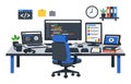 Programmer desk with monitors displaying code, laptop, and digital devices for software development and web design Royalty Free Stock Photo