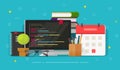 Programmer desktop and computer screen and code vector illustration, flat cartoon programming on pc or coding workplace