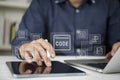 Programmer developer hands coding tablet laptop screen virtual icon api software web design technology html css binary data Royalty Free Stock Photo