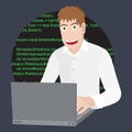 Programmer or Developer with laptop. Programming software or web in computer. Vector flat cartoon illustration. Royalty Free Stock Photo