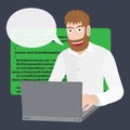 Programmer or Developer with laptop. Programming software or web in computer. Vector flat cartoon illustration. Royalty Free Stock Photo