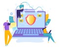 Programmer developer tiny character people laptop gadget, online device protect antivirus flat vector illustration