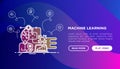 Programmer is developing artificial intelligence concept. Template of web page with thin line icons on gradient background.
