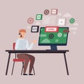 Programmer doing programming languages design and program code on screen, talking on phone Royalty Free Stock Photo