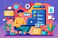 A programmer engages in coding and testing in a vibrant workspace surrounded by tools and plants, Programmer concept idea of Royalty Free Stock Photo