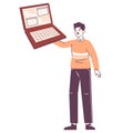Programmer, IT engineer holding huge laptop. Professional coder, tiny office worker carrying big computer flat vector illustration