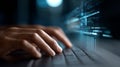 Programmer fingers rapidly typing source code on laptop keyboard, programming software in dark workspace with focused Royalty Free Stock Photo