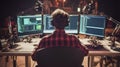 Programmer Focused on Code: Three Monitors, Headphones, Dark Room, Back View Royalty Free Stock Photo