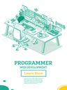 Programmer. Frontend or Backend Developer Sit on Chair with Wheels in Front of Two Monitors with Code. Html, Css, Php, C++ Royalty Free Stock Photo