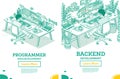 Programmer. Frontend or Backend Developer Sit on Chair with Wheels in Front of Two Monitors with Code. Html Programming Code. Royalty Free Stock Photo
