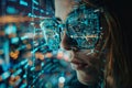 Programmer in glasses analyzing big data on computer screen, processing information Royalty Free Stock Photo