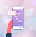 programmer hand writing code for mobile app on smartphone screen engineering software