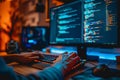 Programmer is hands on keyboard writing source code, on screen monitor showing writing code Royalty Free Stock Photo