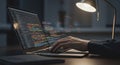 Programmer Hands Typing on Laptop with Code Display in Dark Office Environment Royalty Free Stock Photo