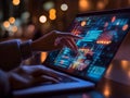programmer hands typing laptop night vibrant colors data flow coding