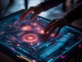 programmer hands typing laptop night vibrant colors data flow coding