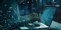programmer hands typing laptop night vibrant colors data flow coding