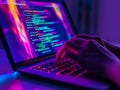programmer hands typing laptop night vibrant colors data flow coding