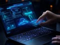 programmer hands typing laptop night vibrant colors data flow coding