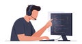 Programmer in Headset Coding on Computer Screen Royalty Free Stock Photo