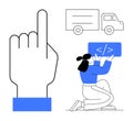Programmer holding code sign near logistic truck and pointing hand gesture emphasizing digital solutions Royalty Free Stock Photo