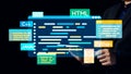 Programmer Holding Tablet with Floating Code Snippets in Various Programming Languages Including HTML, , , and C. Qubit Royalty Free Stock Photo