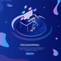 Programmer isometric character. Programming concept, web engineer at work. Royalty Free Stock Photo