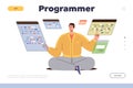 Programmer landing page template man writing software code working on computers at workplace Royalty Free Stock Photo
