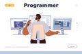 Programmer landing page template man writing software code working on computers at workplace Royalty Free Stock Photo