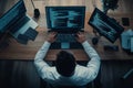 Programmer at night coding on a mockup laptop screen for networking, malware, or software in the office. Computer Royalty Free Stock Photo