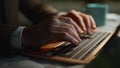 It programmer pressing keyboard button using laptop busy online project closeup Royalty Free Stock Photo