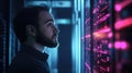 Programmer at a privacy data leak analysis screen in a big data server room