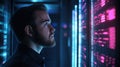 Programmer at a privacy data leak analysis screen in a big data server room