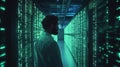 Programmer at a privacy data leak analysis screen in a big data server room