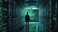 Programmer at a privacy data leak analysis screen in a big data server room