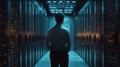 Programmer at a privacy data leak analysis screen in a big data server room