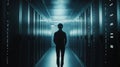 Programmer at a privacy data leak analysis screen in a big data server room