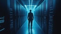 Programmer at a privacy data leak analysis screen in a big data server room