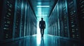 Programmer at a privacy data leak analysis screen in a big data server room