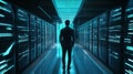 Programmer at a privacy data leak analysis screen in a big data server room