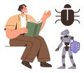 Programmer Reading Book with Cybersecurity Robot and Bug Icon Representing Coding and Technology Royalty Free Stock Photo