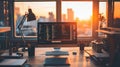 A programmer\'s desk with a computer monitor displaying code during a beautiful sunset Royalty Free Stock Photo