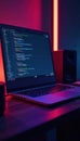 Programmer s desk with laptop and code on screen, workflow, digital, debugging